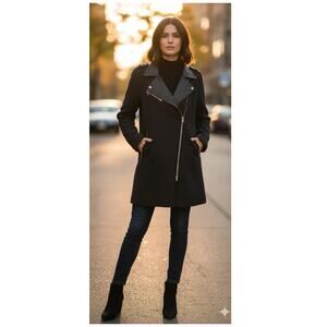 Soia & Kyo Wool Leather Trim Moto Coat Size Large